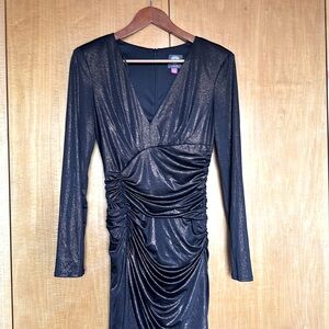 Vince Camuto Foiled Metallic V-Neck Long Sleeve Dress